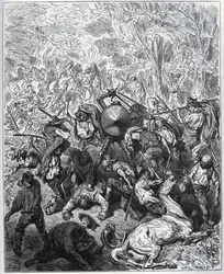 Batalha com os fabricantes de mulas - Os Yangois usaram seus tacos - de "Don Quixote de la Mancha" de Miguel Cervantes (1547-1616) (Don Quixote) - Corte de madeira após desenho de Gustave Dore