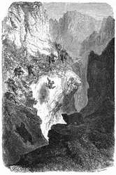 Caça ao urso nos Pirinéus: um homem cai da montanha. Gravura de Gustave Dore ilustrando o livro "Viagem aos Pirinéus" de Hippolyte Taine, Hachette 1860.