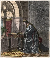 Bertrade de Montfort (1070-1117) Rainha de França (esposa de Filipe I Rei de França) em Fontevrault - Gravura de Gustave Dore do século XIX em "National History Illustred of France from the Most Retreated Times to the Today" 1876 - Colecti Particular