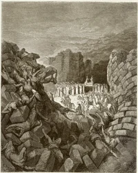 Bíblia: A queda das muralhas de Jericó. Gravura de Gustave Dore, cerca de 1860.