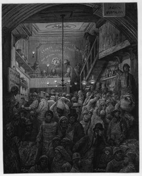 Billingsgate - Venda de peixe no Criee. Ilustração para Londres por Louis Enault ilustrada por Gustave Dore