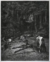 Bivouac na floresta - Convencidos pela beleza do lugar, resolveram passar ali as horas de sesta - de "Dom Quixote de la Mancha" de Miguel Cervantes (1547-1616) (Dom Quixote) - Lenhador após desenho de Gustave Dore
