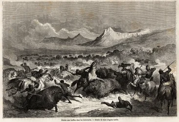 A caça ao búfalo entre os Delawares, ameríndios que vivem nas margens do rio do mesmo nome, desenho de Gustave dore (1832-1883), para ilustrar a viagem do Mississippi ao Oceano Pacífico em 1853-54 por Baudouin Mollhausen (1825-1905). Engravi
