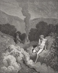 Caim e Abel oferecendo os seus sacrifícios, ilustração de «A Bíblia Sagrada» de Doré, gravada por Pannemaker, 1866