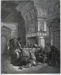 Camille finge suicidar-se perante Lothaire e Leonella - de „Don Quixote de la Mancha“, de Miguel Cervantes (1547-1616) („Don Quixote“) - xilogravura a partir de um desenho de Gustave Doré