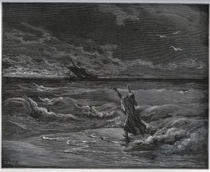 História cativa. Aagi-Morato, o pai de Zoraide, é barqueado na margem de "Dom Quixote de la Mancha" de Miguel Cervantes (1547-1616) (Dom Quixote) - Lenhador após desenho de Gustave Dore