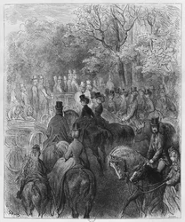 Carruagens e cavaleiros no Hyde Park, ilustração de &39;Londres&39; por Louis Enault (1824-1900) 1876, gravado por Paul Jonnard-Pacel (d.1902) Paris, Hachette