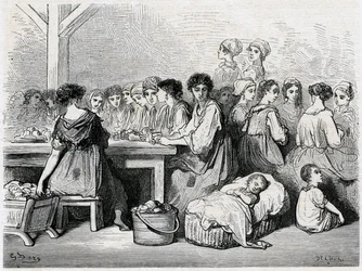 Cigarreras de Sevilha. Fabricação de charutos, trabalhadores, tabaco. Desenho de Gustave Dore ilustrando a “” Viagem em Espanha ”de Charles Davillier