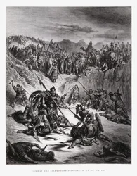 Soldados de combate de Ish-bosheth e David, ilustração da Bíblia de Dore