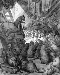 Conselho realizado por ratos - em "Fábulas" de La Fontaine, doente. por Gustave Doré