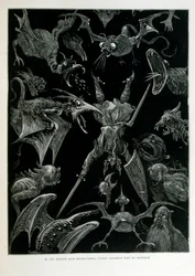 Croque-Mitaine; ilustração 1863, de Gustave Dore (1832 1883); artista francês, gravador, ilustrador. Croque-Mitaine (O papão) um personagem maléfico apresentado às crianças para assustá-las e assim torná-las mais sábias.