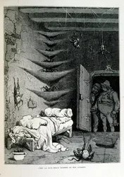 Croque-Mitaine; ilustração 1863, de Gustave Dore (1832 1883); artista francês, gravador, ilustrador. Croque-Mitaine (O papão) um personagem maléfico apresentado às crianças para assustá-las e assim torná-las mais sábias.