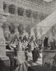 Daniel interpretando a escrita na parede, Daniel 5:25-28, ilustração de «A Bíblia Sagrada» de Doré, gravada por Ligny, 1866