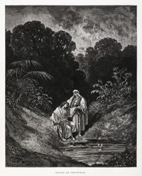 David e Jónatas, figuras heróicas do Reino de Israel, que fizeram um pacto de amizade registado nos livros de Samuel, Ilustração da Bíblia de Dore