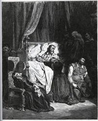 Morte de Dom Quixote [Rodeado por sua sobrinha, sua governanta, Sancho Panza, a paróquia, o barbeiro e o solteiro Samson Carrasco - de "Dom Quixote de la Mancha" de Miguel Cervantes (1547-1616) (Dom Quixote) - Lenhador após desenho de Gustave Dore