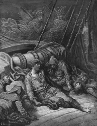 Debate entre os dois espíritos companheiros do Espírito do Polo Sul sobre se o marinheiro pagou pena suficiente pelo assassinato do Albatroz, cena de «The Rime of the Ancient Mariner», de S. T. Coleridge, publicado por Harper & Brothers, Nova Iorque