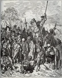 Dom Quijote e Sancho com a esquadra dos aldeões - de "Dom Quixote de la Mancha" de Miguel Cervantes (1547-1616) (Dom Quixote) - Lenhador após desenho de Gustave Dore