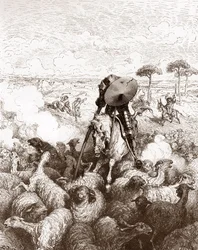 Don Quixot ataca o rebanho de ovelhas Gravura de Gustave Dore (1832-1883) para "The Ingenieux Hidalgo Don Quixote de la Mancha (Quixotte - Quijote)" de Miguel de Cervantes (1547-1616) 1863 Colecção privada