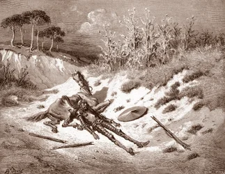 Dom Quixote Depois do seu espancamento, Quixote pede a sua dama ideal Dulcinea del Toboso Gravura de Gustave Dore (1832-1883) para "O Ingenieux Hidalgo Dom Quixote de la Mancha (Quixotte - Quijote)" de Miguel por Cervantes (1547-1616) 1863 Colecção privada