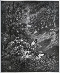 Dom Quixote e Sancho Panza continuam sua viagem na Serra Morena em busca do Deguenille-de-la-Malaise-Mine - de "Dom Quixote de la Mancha" de Miguel Cervantes (1547-1616) (Dom Quixote) - Lenhador após desenho de Gustave Dore