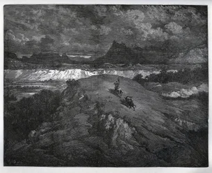 Dom Quixote e Sancho Panza continuam suas aventuras em uma região montanhosa, Sierra Morena - de "Dom Quixote de la Mancha" de Miguel Cervantes (1547-1616) (Dom Quixote) - Corte de madeira após desenho de Gustave Dore