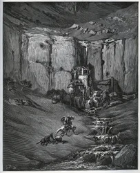 Dom Quixote e Sancho Panza descobrem o que causou sua preocupação, uma cachoeira e um moinho um foulon - de "Dom Quixote de la Mancha" de Miguel Cervantes (1547-1616) (Dom Quixote) - Lenhador após desenho de Gustave Dore