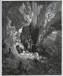 Dom Quixote e Sancho Panza encontram as coisas de um viajante - de "Dom Quixote de la Mancha" de Miguel Cervantes (1547-1616) (Dom Quixote) - Lenhador após desenho de Gustave Dore