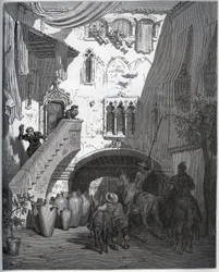 Dom Quixote e Sancho Panza, convidados por Don Diego de Miranda em casa, são recebidos pela esposa e filho do cavalheiro - de "Dom Quixote de la Mancha" de Miguel Cervantes (1547-1616) (Dom Quixote) - Lenhador após desenho de Gustave Dore