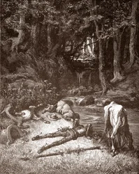 Don Quixote e Sancho Panza refrescam-nos num riacho Gravura de Gustave Dore (1832-1883) para "L