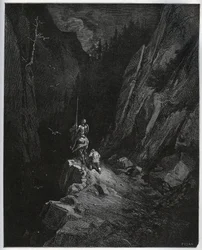 Dom Quixote e Sancho Panza afundam na Serra Morena - de "Dom Quixote de la Mancha" de Miguel Cervantes (1547-1616) (Dom Quixote) - Lenhador após desenho de Gustave Dore