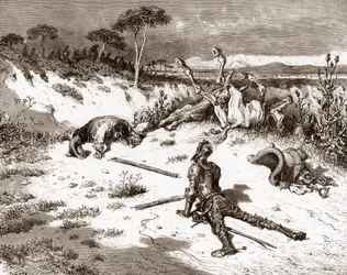 Dom Quixote e Sancho Pança após a rixa com os guardas e os criminosos. Gravura de Gustave Doré (1832-1883) para «O engenhoso fidalgo Dom Quixote de La Mancha (Quixotte - Quijote)», de Miguel de Cervantes (1547-1616), 1863. Colecção particular.