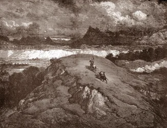 Don Quixote e Sancho Panza aproximando-se da Serra Morena Gravura de Gustave Dore (1832-1883) para "L