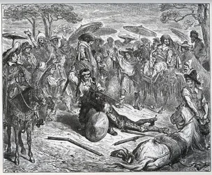 Dom Quixote espancado no meio de um grupo de mercadores - O fabricante de mulas experimentou o jogo - de “Dom Quixote de la Mancha” ”de Miguel Cervantes