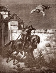 Dom Quixote não consegue parar os lançadores de Sancho Panca que o fazem saltar sobre um cobertor (as demonstrações de "Dom Quixote" não influenciam os lançadores) Gravação de Gustave Dore (1832-1883) para "L