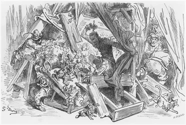 Dom Quixote lutando contra os bonecos, ilustração de «Dom Quixote de la Mancha» de Miguel Cervantes (1547-1616), gravada por Héliodore Joseph Pisan (1822-90)