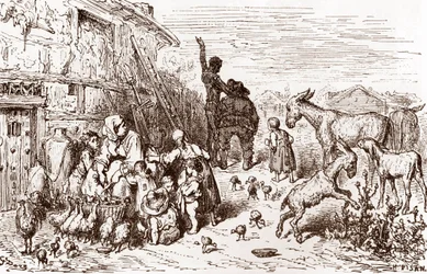 Dom Quixote convence o seu vizinho Sancho Panza a tornar-se seu escudeiro Gravura de Gustave Dore (1832-1883) para "L