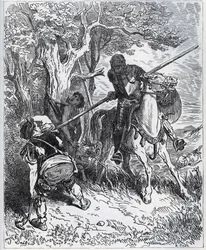Dom Quixote toma partido pelo jovem camareiro - "Pelo sol que nos ilumina, não sei quem me impede de passar a minha lâmina pelo corpo" - de "Dom Quixote de la Mancha" de Miguel Cervantes (1547-1616) (Dom Quixote) - Lenhador após desenho de Gusta