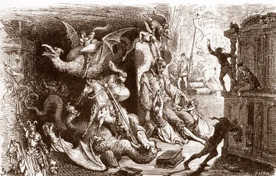 Dom Quixote não pensa em mais nada senão em actos cavalheirescos gravados por Gustave Dore (1832-1883) para "L