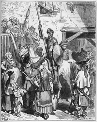 Dom Quixote pensou estar a beneficiar da hospitalidade de um senhor, recusou-se a pagar ao hoteleiro - de "Dom Quixote de la Mancha" de Miguel Cervantes (1547-1616) (Dom Quixote) - Lenhador após desenho de Gustave Dore
