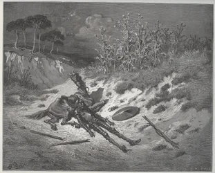 Dom Quixote ferido implora misericórdia e ajuda às personagens da sua imaginação - de «Dom Quixote de la Mancha», de Miguel de Cervantes (1547-1616) (Dom Quixote) - xilogravura a partir de um desenho de Gustave Doré