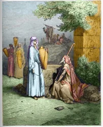 Eliezer e Rebeca - Eliezer, o servo de Abraão, recebe de Rebeca água para beber - gravura na «Bíblia ilustrada» de Gustave Doré (1832-1883) - gravura de «A Bíblia de Doré»