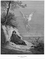 Elias entra no deserto e pede para morrer, mas vem um anjo e ordena-lhe: «Levanta-te e come». Bíblia, 1 Reis 19,5. Da Bíblia de Gustave Doré 1865-1856. Gravura em madeira