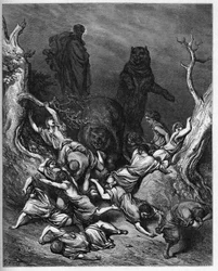 Eliseu amaldiçoa os jovens de Betel - Os filhos de Betel destruídos pelos ursos - Elias amaldiçoa os jovens de Betel - Gravura em "A ilustração bíblica" de Gustave Dore (1832-1883) - Gravura em "A Bíblia Dore