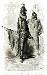 Gravura de Gustave Dore ilustrando o romance de Theophile Gautier "O Capitão Fracasse". Edição Charpentier 1863. Dois comediantes (actores da commedia dell