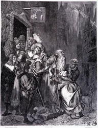 Entre nesta pousada, placa IV - Ilustração de Gustave Dore (1832-1883), para La legende du Jeif vagueando por Pierre Dupont, edição Librairie du magasin pitoresco, Paris 1862