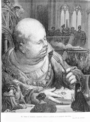 Extracto de Gargântua (1534) de François Rabelais (1483 - 1553): E, puxando a abelha, juntos removeram a pellerina e comeram-na muito bem. Gravura de Gustave Dore (1823-1883)