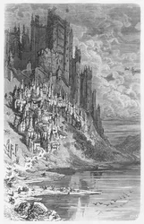 Paisagem de fantasia com a cidade e castelo, ilustração de &39;Les Contes Drolatiques&39; por Honore de Balzac (1799-1850)