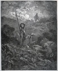 Primeira aparição do Deguenille-de-la-Malaise-Mine - de "Dom Quixote de la Mancha" de Miguel Cervantes (1547-1616) (Dom Quixote) - Lenhador após desenho de Gustave Dore