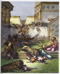 Estrangeiros devorados por leões em Samaria - Antigo Testamento. Pessoas devoradas pelos leões em Samaria - Gravura em "The Bible illustree" de Gustave Dore (1832-1883) - Gravura em "The Dore Bible".