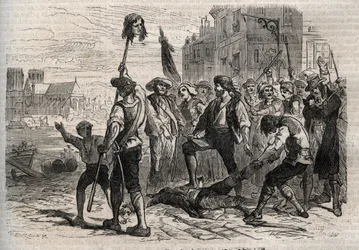 Revolução Francesa: Morte de Jacques de Flesselles, Conde de Bregy (1730-1789), administrador francês, prevot des marchands sur les degres de l